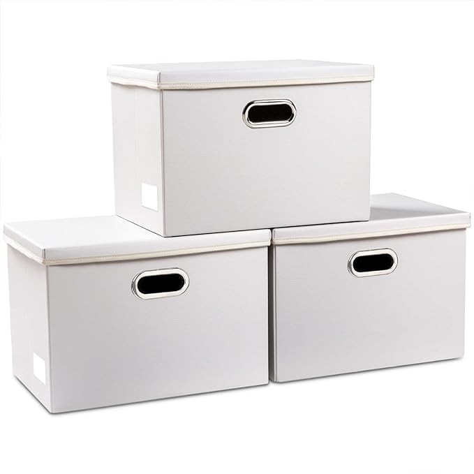 Large Stackable Storage Bins with Lids [3-Pack] Leather Fabric Foldable Storage Boxes Organizer Containers Baskets Cube with Cover for Bedroom Closet Office Nursery White (17.7x11.8x11.8) by Prandom