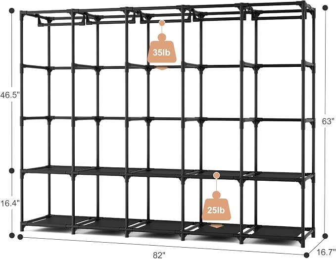 Portable Closet Storage, Portable Wardrobe Closet Organizer Clothes Rack wtih Cover, Hanging Rod, Storage Shelves and Side Pockets, Large Portable Closets for Hanging Clothes, Black - Image 3