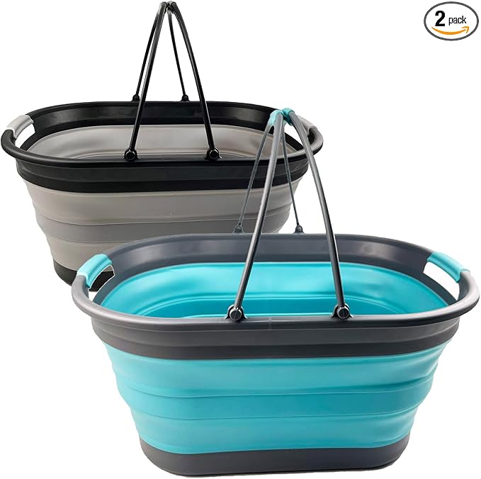 SAMMART 38L (10 Gallons) Collapsible Plastic Laundry Basket - Foldable Storage Container/Organizer - Portable Washing Tub - Space Saving Laundry Hamper (Alloy Grey + Crystal Blue (Set of 2)) by SAMMART