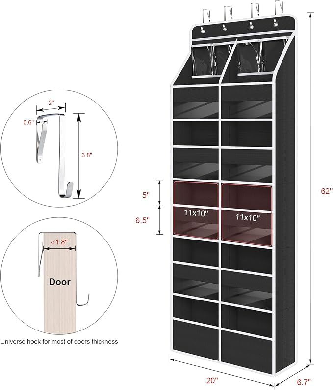 Univivi Upgraded Over the Door Organizer for Baby Nursery, Black, 6-Shelf | Fabric Door Organizer with Clear Window Deep Pockets, Over Door Hanging Organizer for Baby Essential, Bedroom, and Dorm - Image 3