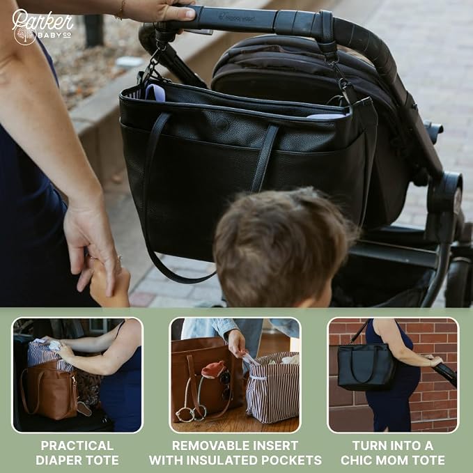 Parker Baby Co. Willow Tote, Vegan Leather Diaper Tote & Removable Insert | Stylish diaper tote bag with removable insert, changing pad and stroller hooks create a polished work-to-baby carryall - Image 5