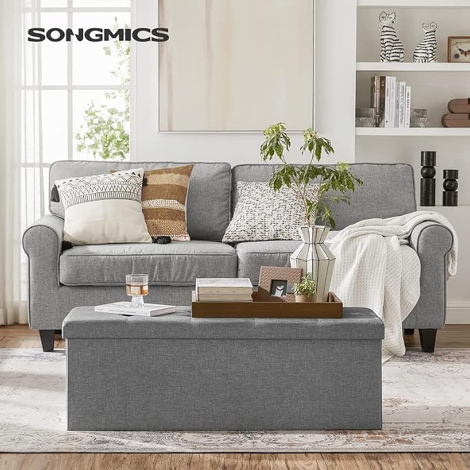 SONGMICS MAZIE Collection - 43 Inches Folding Storage Ottoman Bench, Ottoman Foot Rest, End of Bed Bench, Storage Chest, Load 660 lb, for Living Room, Bedroom, Entryway, Light Gray ULSF77G - Image 2