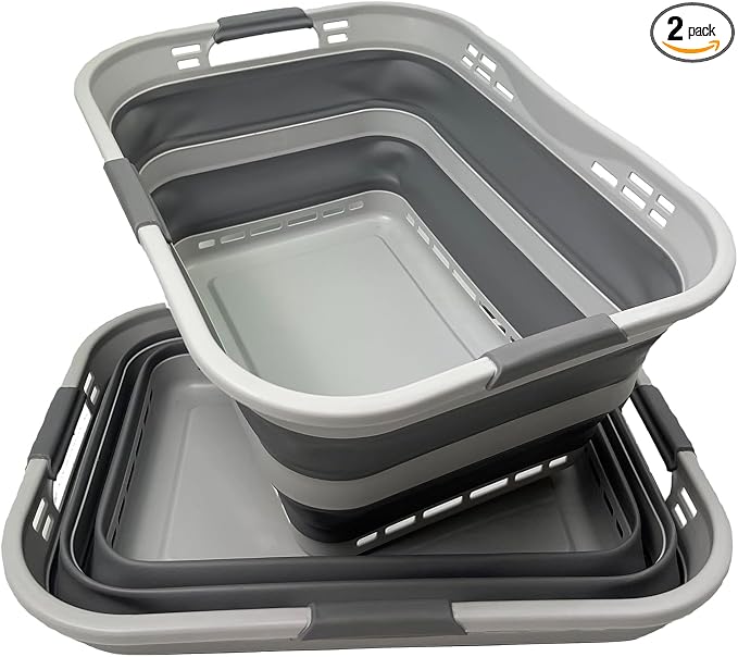 SAMMART Set of 2 Collapsible Plastic Storage Basket - Foldable Pop Up Storage Container - Portable Laundry Organizer - Space Saving Hamper (Grey, 42L (Style A)) by SAMMART