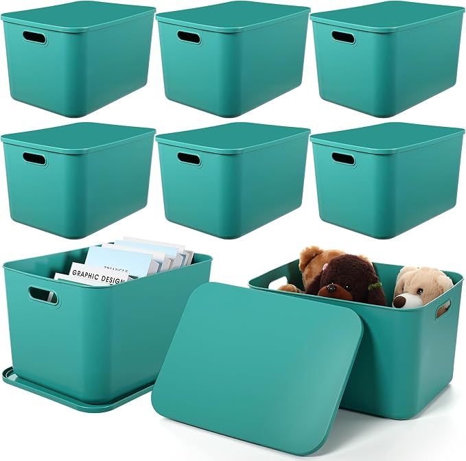 8 Pack Storage Bins, 16.1 X 12.0 X 9.7 Inch Green | Plastic Stackable Containers with Lid Handle, For Shelves Desktop Playroom Office, Organizing Toys Books Supplies Storage by Hoolerry