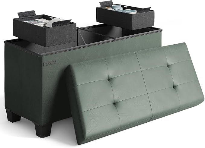 Storage Ottoman Bench with Bins, 30-in Storage Bench for Bedroom End of Bed, Folding Foot Rest Ottoman for Living Room Max 660lbs, Leather Ottomans, Green by STORAGEBUD