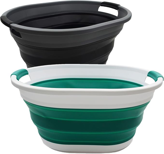 SAMMART 32L (8.4 gallon) Collapsible Plastic Laundry Basket - Foldable Pop Up Storage Container/Organizer - Portable Washing Tub - Space Saving Hamper, Water Capacity: 24L (2, Black+Dark Green) by SAMMART