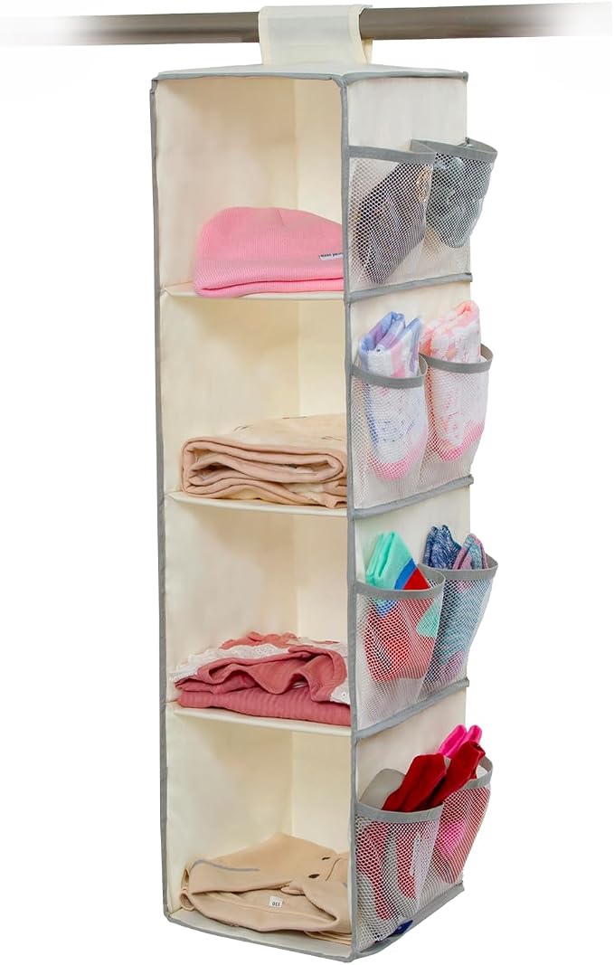 Astro 4-Shelf Hanging Closet Organizer with 8 Side Pockets, Collapsible Hanging Closet Shelves, Hanging Organizer for Closet, Ivory, 821-27 by ASTROSTORAGE
