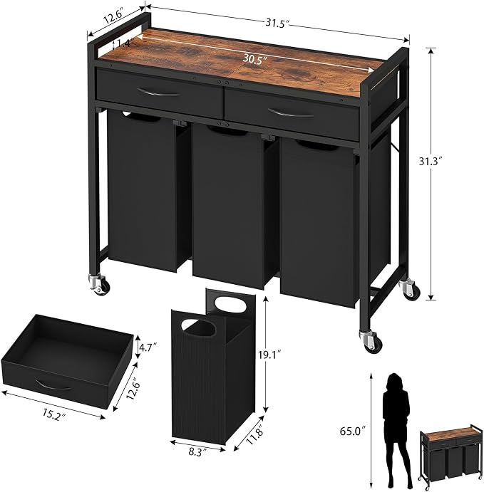Laundry Sorter 3 Section, 120 L Laundry Hamper with 2 Drawers & 2-tone Top Panel, Rolling Laundry Basket Organizer with Pull-Out Removable Oxford Fabric Bags for Laundry Room Organization UNZYL006BVV3 - Image 2