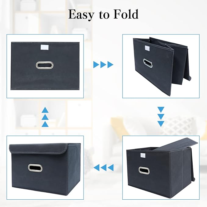 STOREONE Fabric Storage Cube Bins Foldable Organizer Container Collapsible Basket with Lids and Metal Handles, for Home, Bedroom, Closet 8 Pcs (Grey) - Image 6