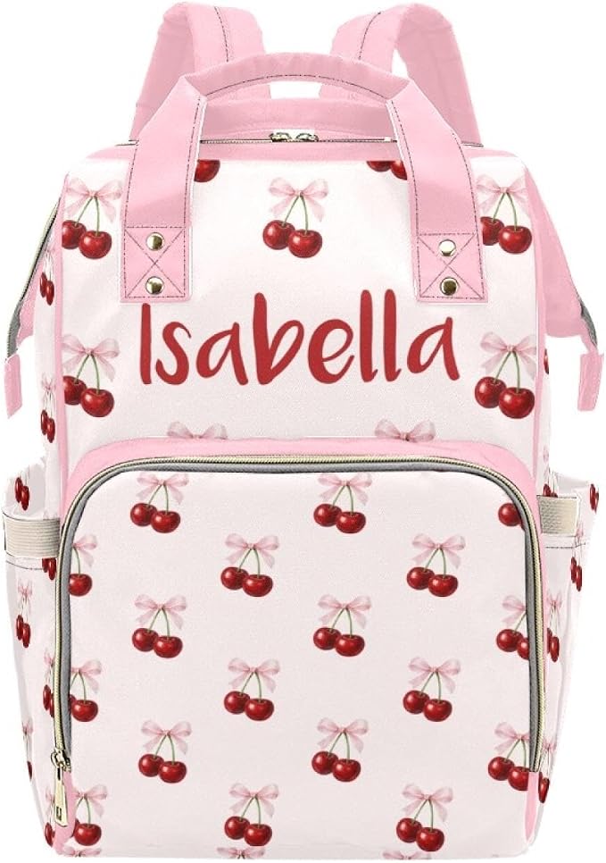 Custom Name Diaper Bag Backpack – Pink Bow with Cherry Personalized Baby Nappy Bag with Insulated Bottle Holders – Waterproof Large Capacity Travel Backpack Gift for Parents by Unknown