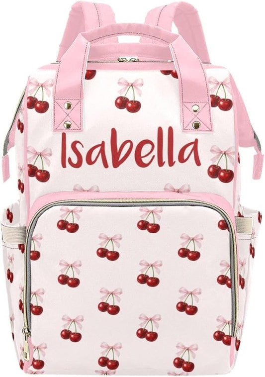 Custom Name Diaper Bag Backpack – Pink Bow with Cherry Personalized Baby Nappy Bag with Insulated Bottle Holders – Waterproof Large Capacity Travel Backpack Gift for Parents by Unknown