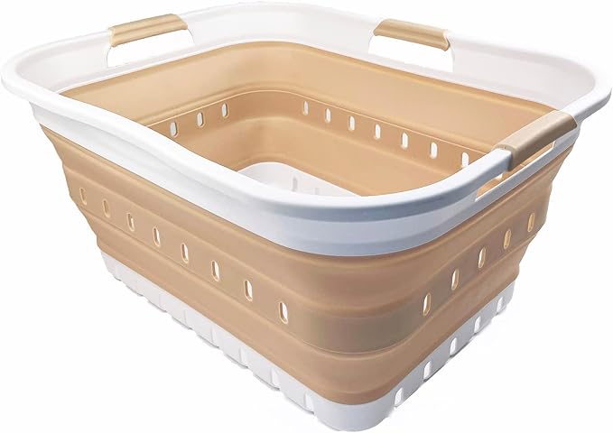 SAMMART 42L (11 gallon) Collapsible Plastic Laundry Basket - Foldable Pop Up Storage Container/Organizer - Portable Washing Tub - Space Saving Hamper/Basket (White/Latte) by SAMMART