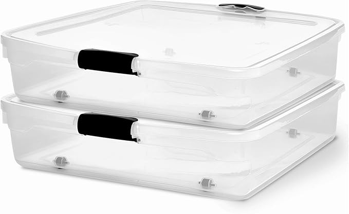 HOMZ 2-Pack Under Bed Storage, Clear Plastic Containers with Lids, 56 Quart, Gray Latch - Stackable Underbed Organizer Bins for Shoes, Bags, Clothes, and Towels by Homz