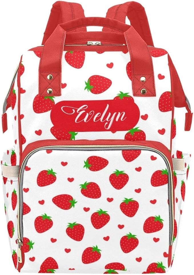 Custom Strawberry Baby Backpack – Personalized Diaper Bag with Name, Waterproof Large Capacity Nappy Bag with Insulated Pockets – Ideal Shower Gift for Moms & Dads by Unknown