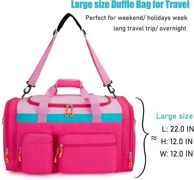 Large Kids Duffle Bag for Travel, Overnight or Weekend,Pink Rose | Roomy Size: 22.0"L x 12.0" H x 12.0"W, Made of Thick Polyester Fabric - Image 5