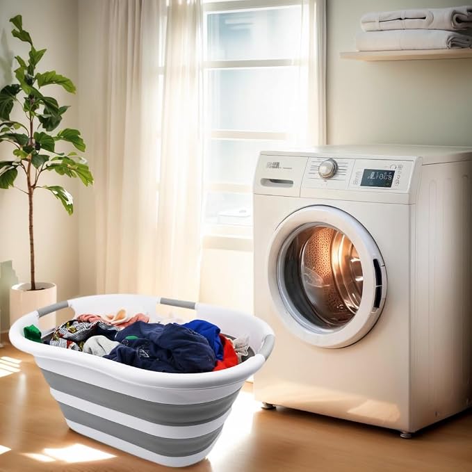 SAMMART 40L (10.5 gallon) Set of 2 Collapsible Plastic Laundry Basket - Foldable Pop Up Storage Container/Organizer - Portable Washing Tub - Space Saving Hamper/Basket (White/Grey) - Image 2