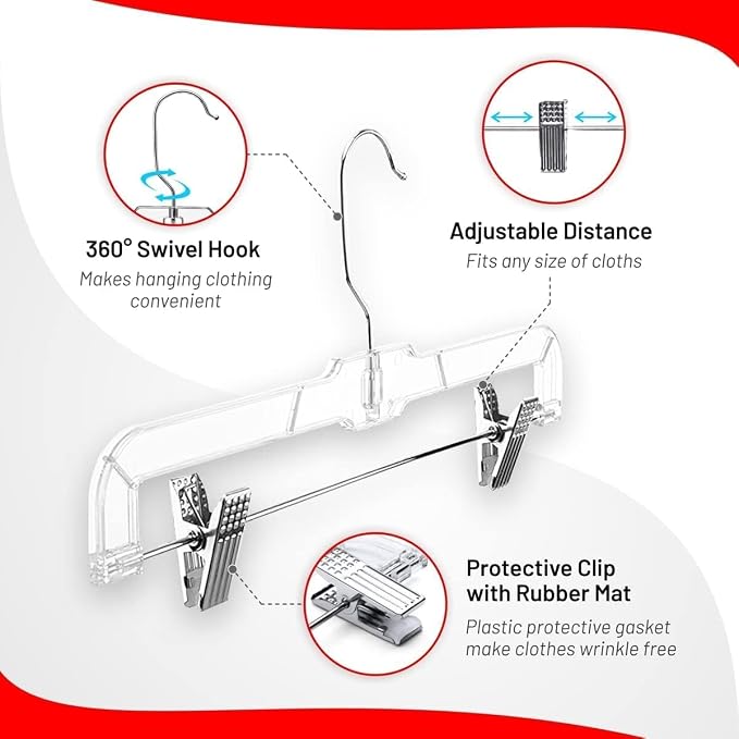 DEILSY™ Pants Hangers with Clips 50 Pack Skirt Hangers Clear Plastic | Hangers with clips and 360° swivel hook, pants hangers rubber-padded clips, ideal for jeans, trousers, skirts and shorts - Image 3