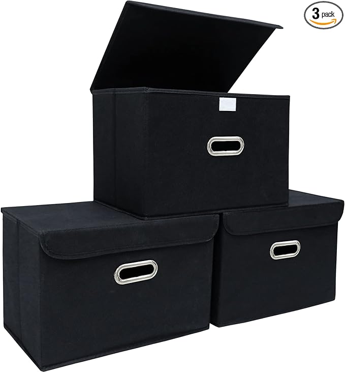 STOREONE Fabric Storage Cube Bins Foldable Organizer Container Collapsible Basket with Lids and Metal Handles, for Home, Bedroom, Closet (Black, 3 Pcs) by STOREONE