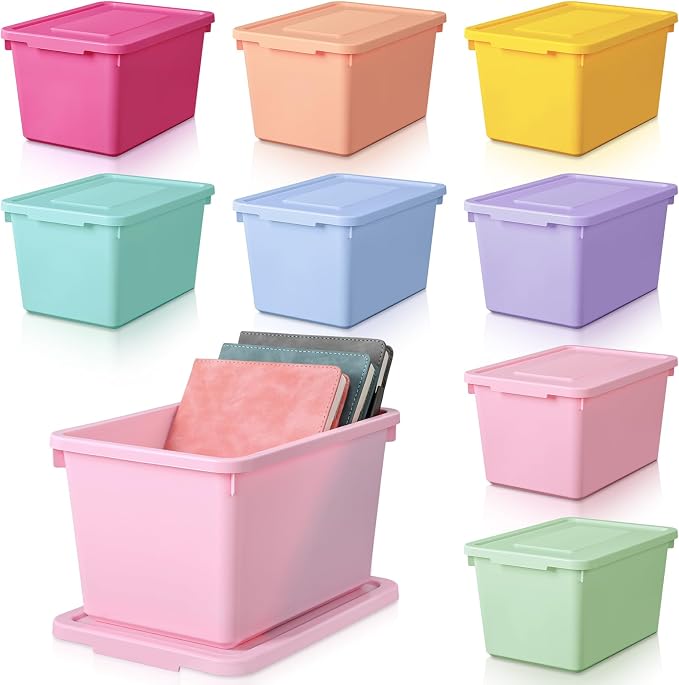 Potchen 8 Pack Small Stackable Storage Bins with Lids Plastic Storage Boxes for Classroom 9.8" ×7.3" ×5.7" Decorative Organizer Bins for Craft Art Office Teacher Supplies (Mixed Color) by Potchen