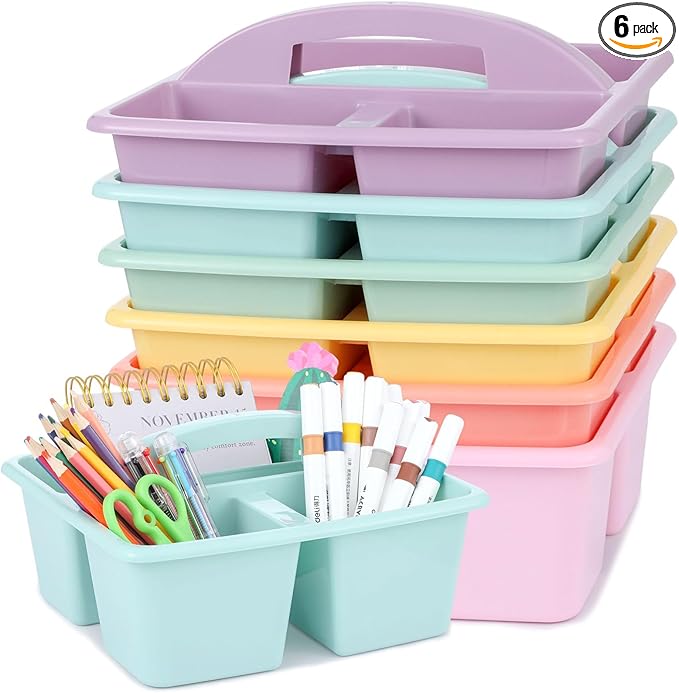gisgfim 6 Pack Classroom Caddy with Handle Plastic Storage Caddy Organizer with 3 Compartments Desk Caddies Holder Portable Storage Bin for Pencil, Crayon, Marker, Home, Office, School Supply(Pastel) by gisgfim