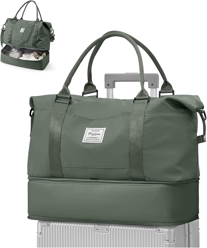 Travel Duffel Weekender Bag Women Tote Carry On Bags With Shoe Compartment | 18x14x8 inches Travel Overnight Bags with Trolley Sleeve for Airplanes Sport Tote Gym for Men Lightweight Daypack Green.. by VECAVE