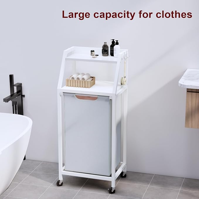 Laundry Hamper, Laundry Sorter, Rolling Laundry Basket with Wheels, 2 Shelves, 18 Gal(68L), Pull-Out and Removable Oxford Fabric Bags, White and Grey - Image 8