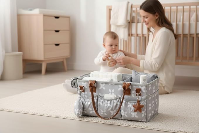 Diaper Caddy with Changing Mat, Large Baby Diaper Caddy Organizer with Lid, Portable Organizer Basket for Nursery and Car, Shoulder Strap and Pacifier Organizer - Image 7