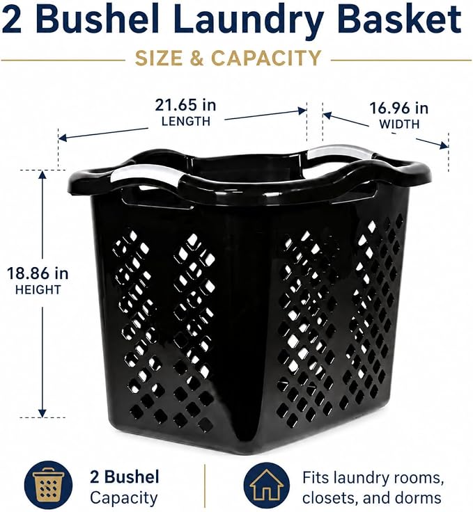 Laundry Basket 2 Pack 2 Bushel Plastic with Handles Black | Durable Plastic with Space-Saving Shape – Fits closets and on top of machines. Also organizes toys, balls, and sports gear. - Image 3