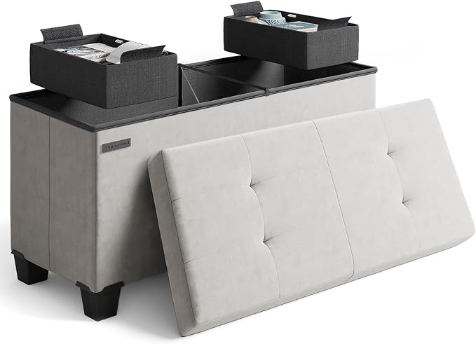 Storage Ottoman Bench with Bins, 30-in Storage Bench for Bedroom End of Bed, Folding Foot Rest Ottoman for Living Room Max 660lbs, Velvet Ottomans, Light Grey by STORAGEBUD