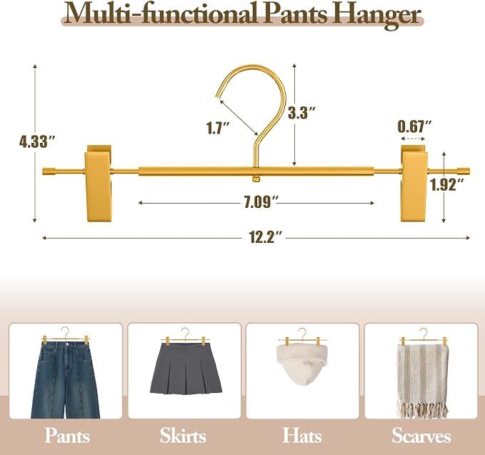 Matte Gold Aluminum Pants Hanger with Adjustable Clips, 20 Pack | Non-Slip, Sturdy Metal, 360° Swivel Hooks, Heavy-Duty & Space-Saving Closet Organizer for Pants, Skirts, Kids & Adults - Image 2