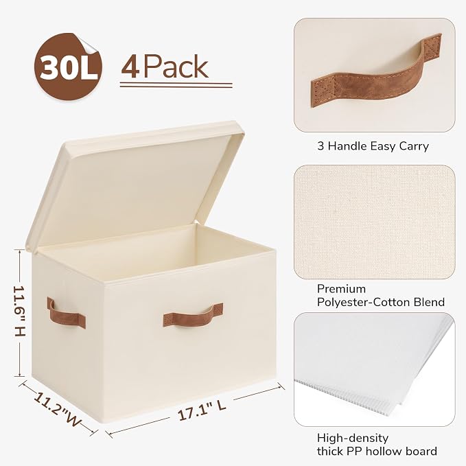 CHICVITA 4-Pack Large Fabric Storage Bins with Lids for Shelves, Ivory | 17.1" x 11.2" x 11.6" Decorative Storage Boxes with Handles for Clothes Fit Closet, Toy Box with Support Plate for Playroom - Image 4