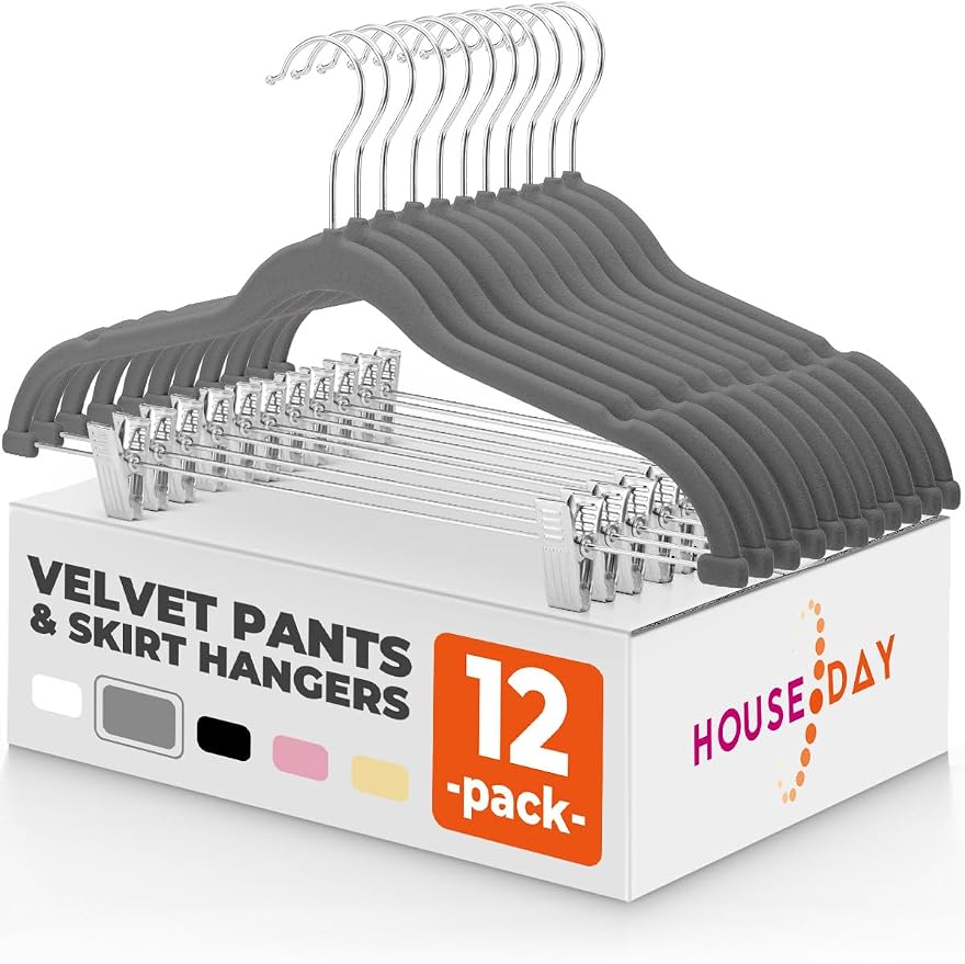 HOUSE DAY Velvet Skirt Hangers 12 Pack, Gray Velvet Pant Hangers | with Adjustable Clips, Space Saving Slim Shorts Hanger, Heavy Duty Non Slip Clip Hanger for Pants, Skirts, Shorts by HOUSEDAY