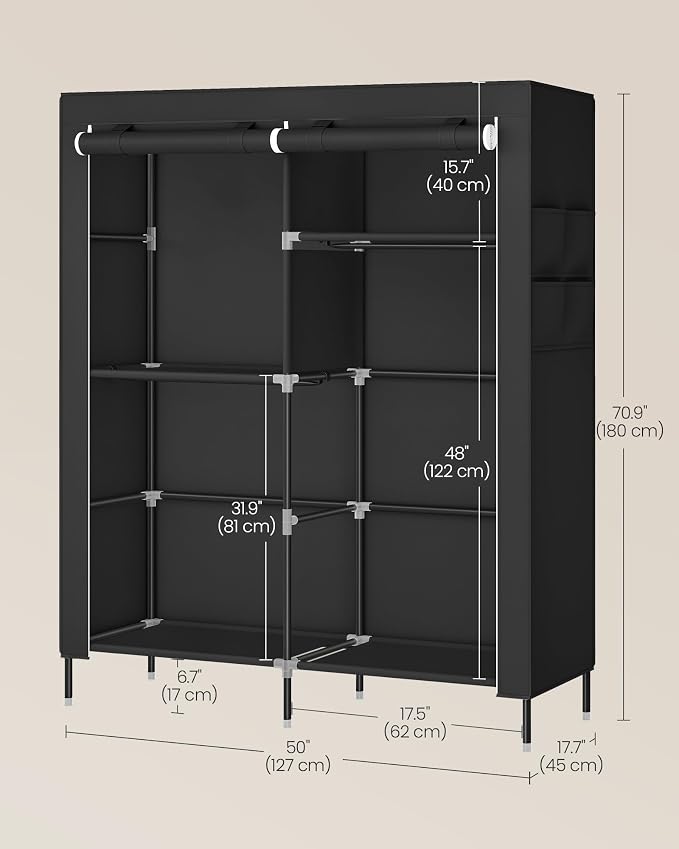 SONGMICS Portable Closet, Fabric Wardrobe, Clothes Rack with Shelves, Pockets, Large Capacity, 3 Hanging Rods, 50 x 17.7 x 70.9 Inches, Black URYG010BZ02 - Image 6
