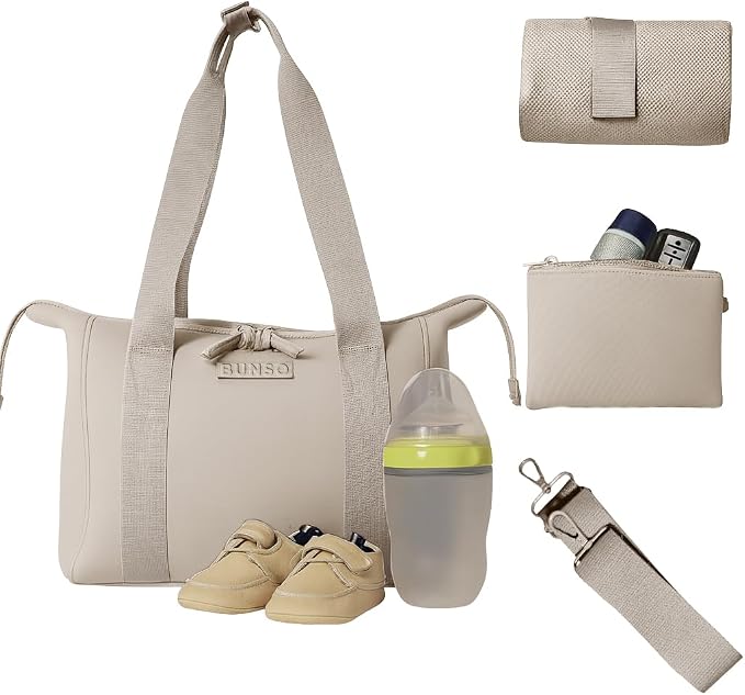 Small Diaper Bag Tote - Lightweight 12x7x8 in Neoprene Diaper Bag with Changing Pad and Pouch, Water-Resistant by Bunso