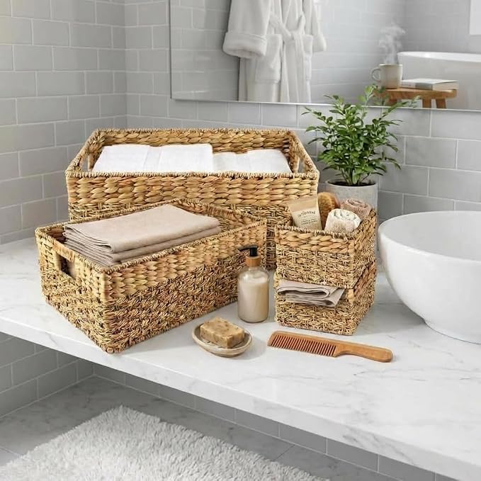Wicker Storage Basket for Shelves, Set of 4 | Natural Seagrass and Hyacinth, Nesting, Woven Storage Baskets for Organizing Living Room, Shelves, Pantry, Rectangle, Rattan - Image 9