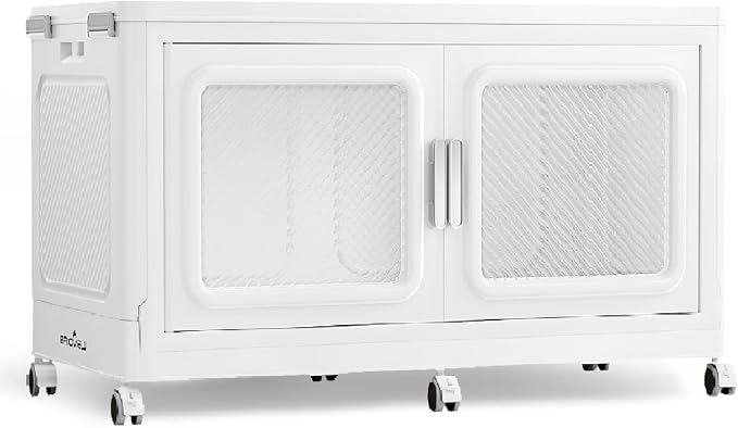 BROVIEW 220 Qt/55 Gal Stackable Storage Bins with Lids, 1 Pack, White | Large Stackable Storage Boxes w/ 1 Lid Folding Plastic Cart Organizer for Home Kitchen, Open Front Clear Door with Wheels - Image 4