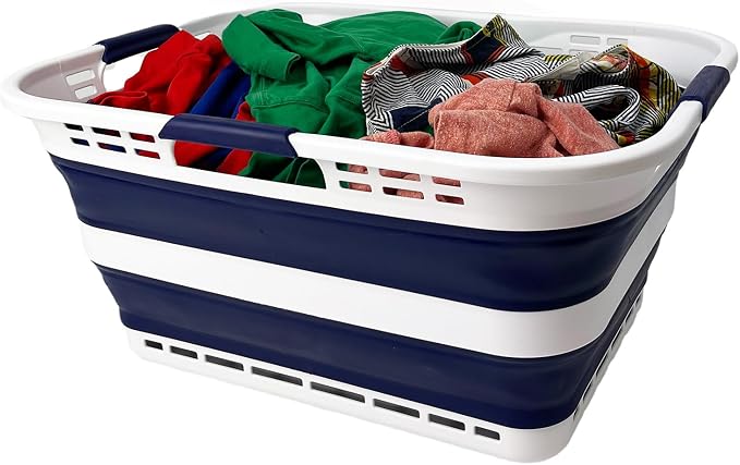 SAMMART Set of 2 Collapsible Plastic Storage Basket - Foldable Pop Up Storage Container - Portable Laundry Organizer - Space Saving Hamper (White/Starry Blue, 42L (Style A)) - Image 8