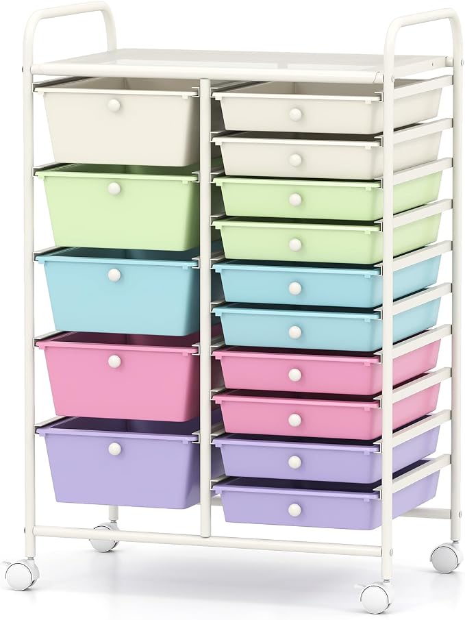 RELAX4LIFE 15 Drawer Rolling Storage Cart, Classroom Organization for School Teacher Office, Mobile Craft Art Supply Organizer, Utility Carts on Wheels for Paper Tools Scrapbook (Ice Cream Multicolor) by RELAX4LIFE