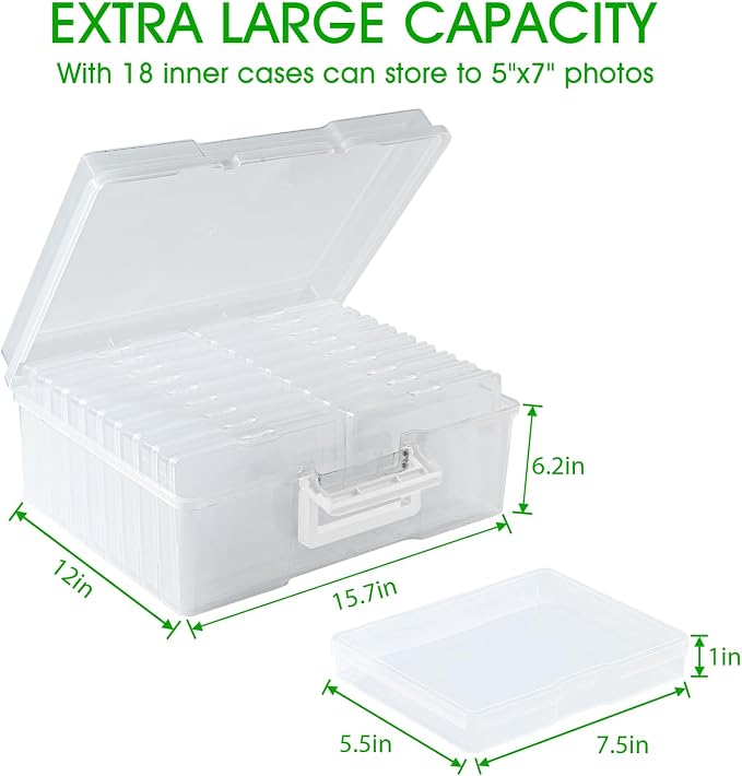 Photo Storage Box 5 x 7 Inches, 18 Inner Extra Large Photo Boxes with Dividers, Clear Acid-Free Photo Storage Container with Handle, Photo Organizer Craft Keeper for Photo, Craft, Seend, Stamp - Image 2