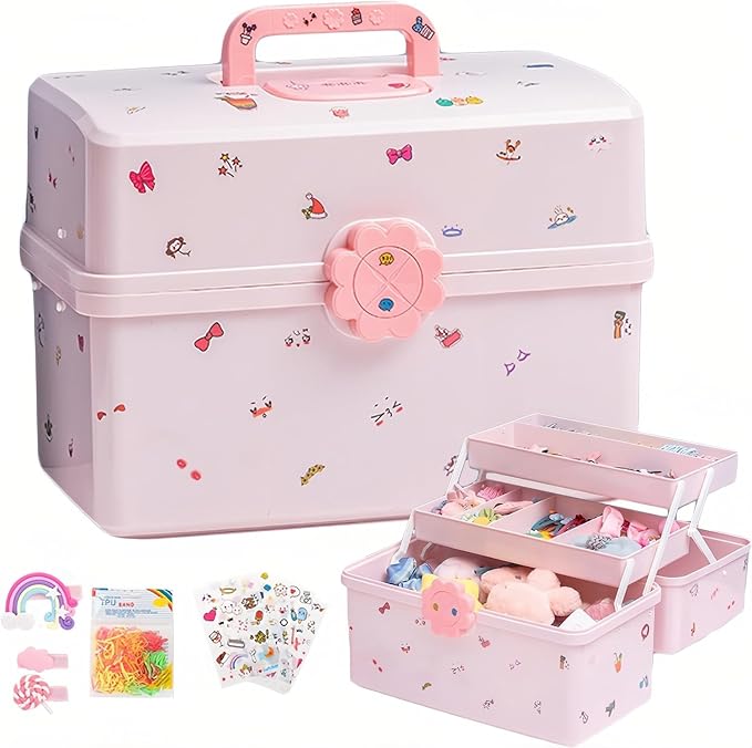 Hair Accessories Organizer for Girls Headbands, Clips, Ties Baby Girl Supplies, Lockable Three-layer Folding Craft Organizers and Storage Plastic Jewelry Box, 11.4x6.3x6.3in by Fivliangyer