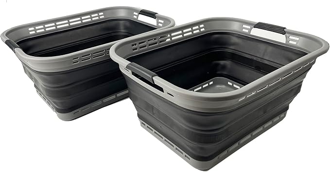 SAMMART 42L (11 Gallons) Collapsible Plastic Laundry Basket - Foldable Pop Up Storage Container/Organizer - Portable Washing Tub - Space Saving Hamper/Basket [BPA Free] (Grey/Black (Set of 2)) by SAMMART