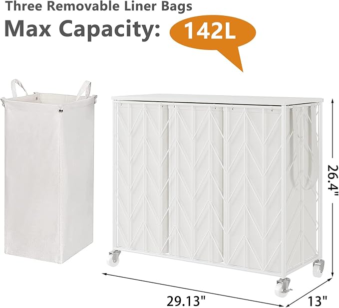 WOWLIVE Laundry Hamper 3 Section with Lid, 142L Laundry Basket with Wheels | Rolling Dirty Clothes Hamper with Removable Bags, Large Iron-Made Laundry Basket Organizer Laundry Sorter for Dorm, White - Image 3