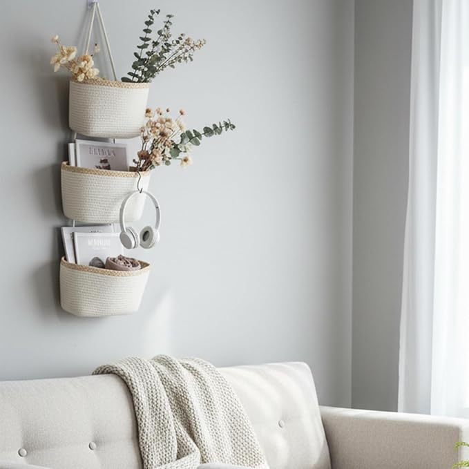 TeoKJ Over the Door Hanging Basket, 3-Tier Woven Cotton Wall-Mounted Storage Organizer Bag Decorative Hanging Nursery Baskets, White & Light Brown - Image 4