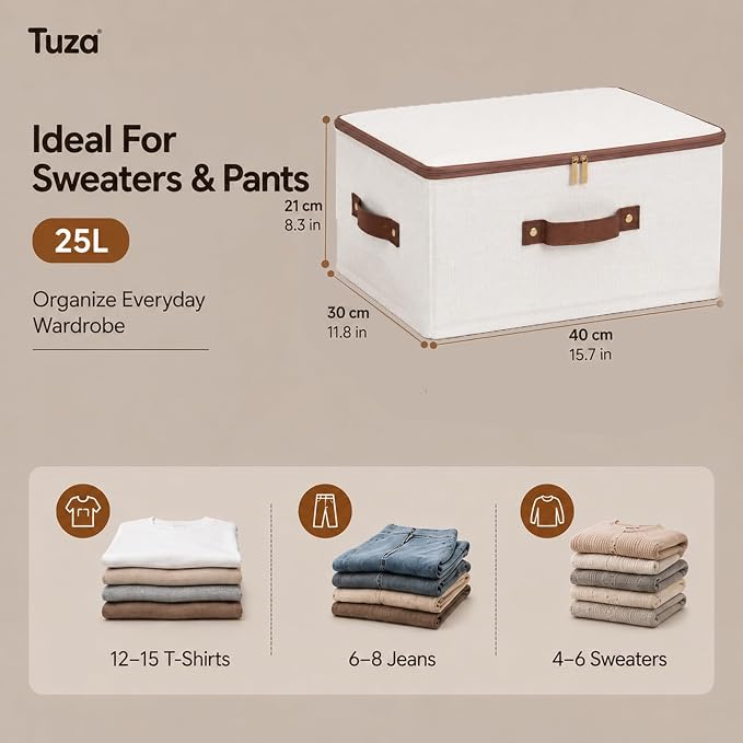 Tuza 3 Pcs Rigid Storage Bins with Zipper Lid, Cotton Linen Fabric Storage Boxes, Foldable Shelves Clothes Storage Cubes with Handles for Wardrobe, Closet(Beige, 25L) - Image 2