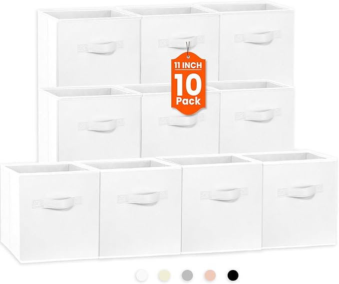 Storage Cubes, 11 Inch Cube Storage Bins for Shelves Closet Nursery Bedroom - 10 Pack Collapsible Baskets with Handles - Fabric Bins for Organizing Magazines Clothes Blanket Toys (White) by Criusia