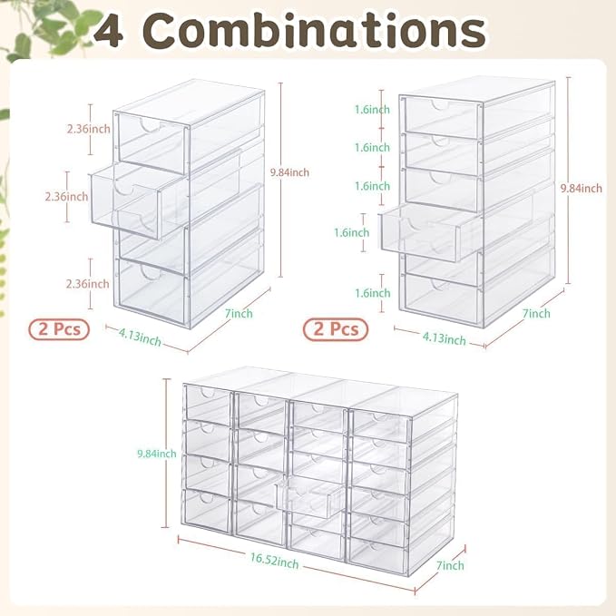 VZKAH Clear Acrylic Desk Organizer with 20 Drawers, 4 Modular Units | 4-piece clear drawer set for office supplies, crafts, makeup, and small daily items on desks, vanities, counters - Image 2