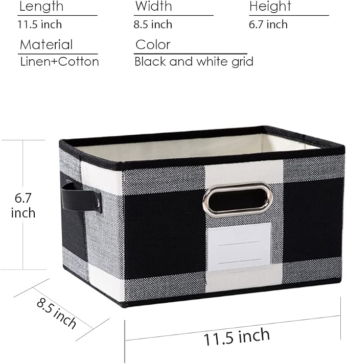 Fodable Storage Bins for Closet [3-pack] Decorative Fabric Storage Baskets Cubes with Leather/Metal Handles for Shelves Bedroom Living Room Black and White Grid (11.5x8.5x6.7 Inch) - Image 3