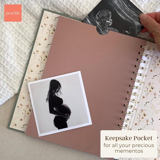 Peachly Pregnancy Journal for First Time Moms - Linen Memory Book (Sage) | Gift-boxed 110-page maternity keepsake & pregnancy scrapbook. Bump photo pages, hospital & newborn checklists, archival paper - Image 8