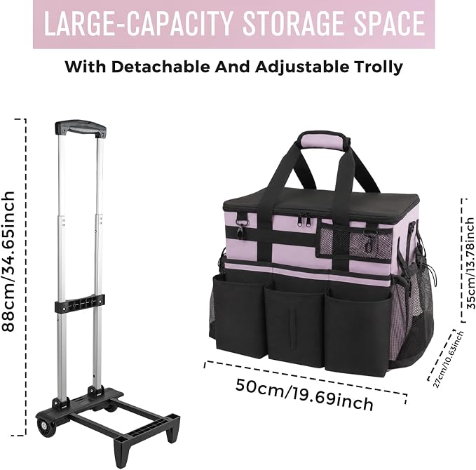 SCAVATA Rolling Cleaning Caddy Bag with Detachable Trolley, Large Cleaning Supplies Organizer with Wheels, Multi-Pocket Cleaning Cart with Adjustable Shoulder Strap for Housekeepers (Lilac) - Image 5