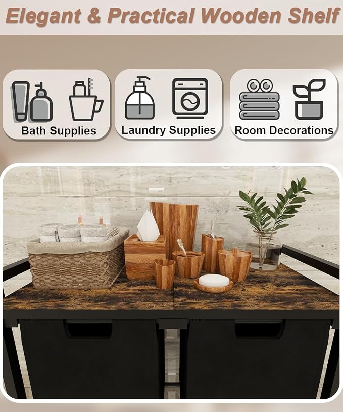 12 x 2 Gal Large Laundry Hamper with Wheels, 2 Pull-Out & Removable Sorter Bags, Freestanding Clothes Basket Organizer for Clothing or Toys in Bathroom and Living Room, Rustic Brown and Black - Image 3